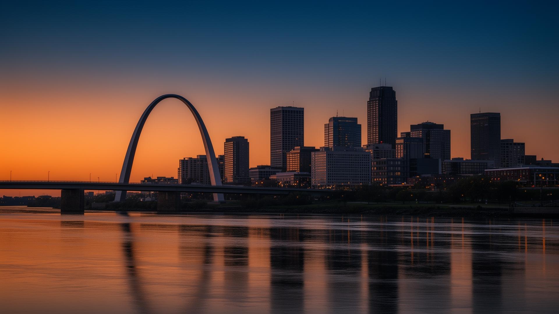 St. Louis skyline at twilight with the Gateway Arch